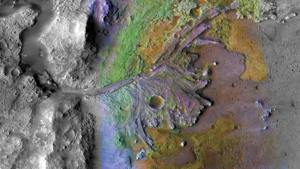 Color enhanced view of Jezero crater on Mars
